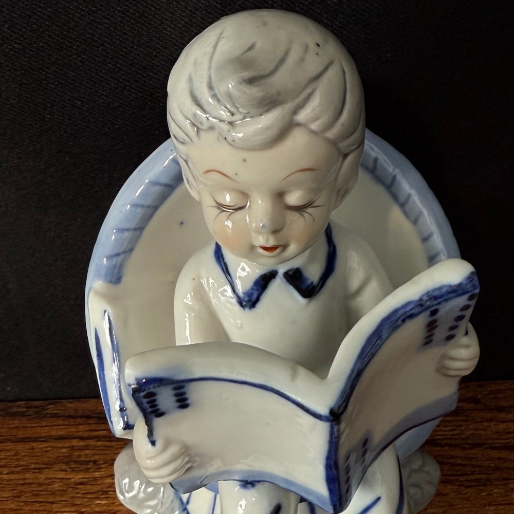 Little Boy Reading Book on Chair with Bear Rug Figurine - Picture 3 of 13